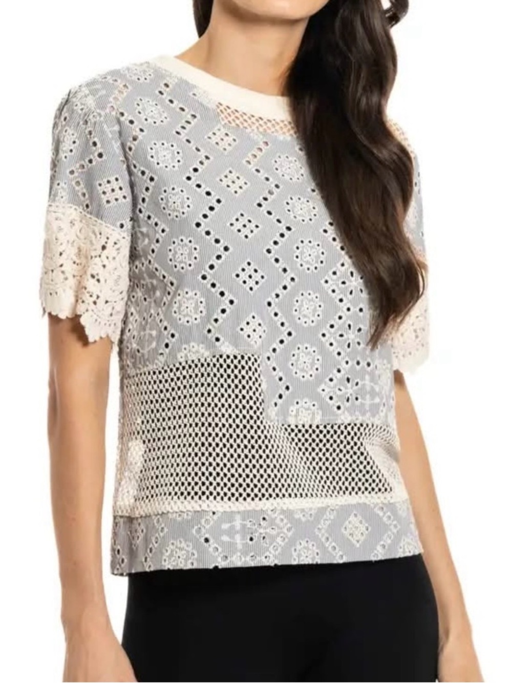 ADORE Women’s Cream and blue Evelyn eyelet and crochet short sleeve Top size L